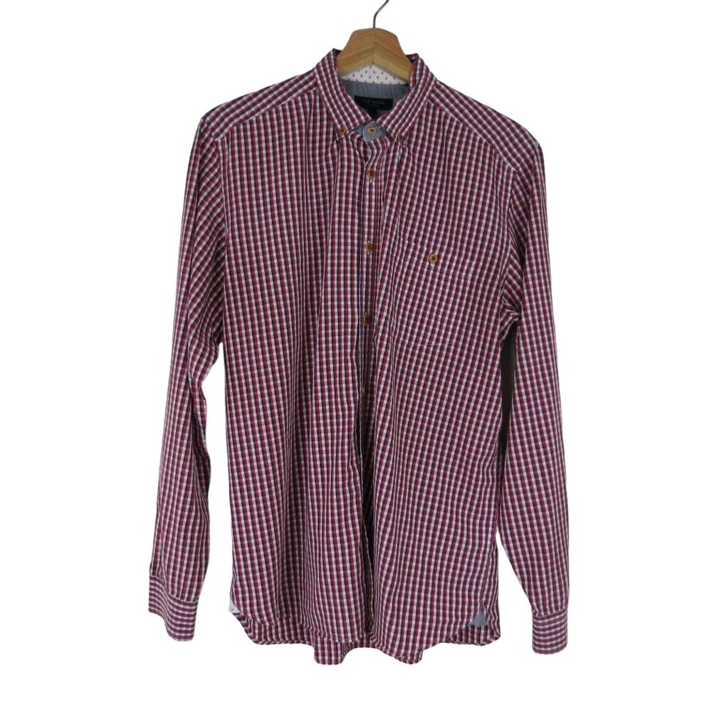 TED BAKER Men's Red White Blue Check Cotton Long Sleeve Button Down Shirt Size 5